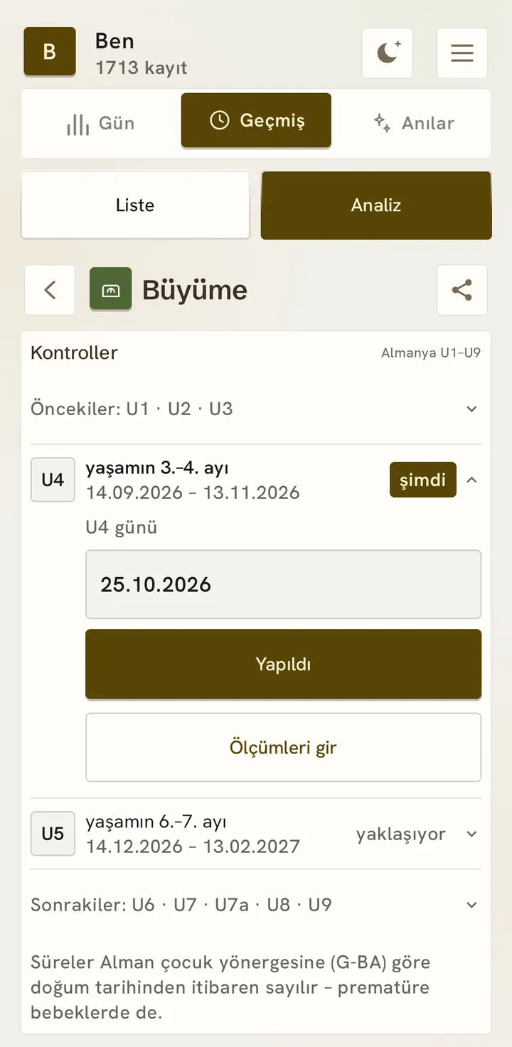 Kontroller: öncekiler U1–U3; şimdi sırada yaşamın 3.–4. ayındaki U4 var; zaman aralığı, U4 günü (25.10.2026), “Yapıldı” ve “Ölçümleri gir” ile. Ardından yaklaşan U5, sonra U6–U9.