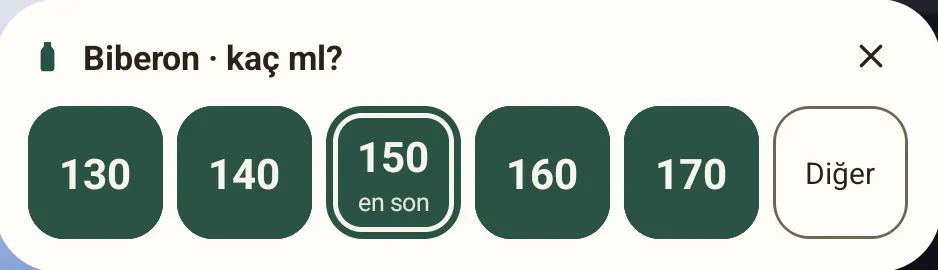 Biberona dokununca widget kaç ml olduğunu sorar: 130’dan 170’e kadar, son miktar işaretli.